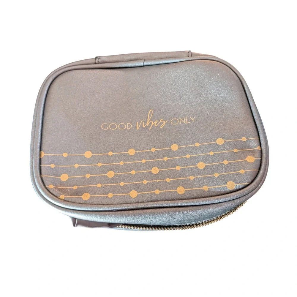Metallic Taupe Good‎ Vibes Only Makeup Bag Cosmetic Travel Case with Brush Slots
